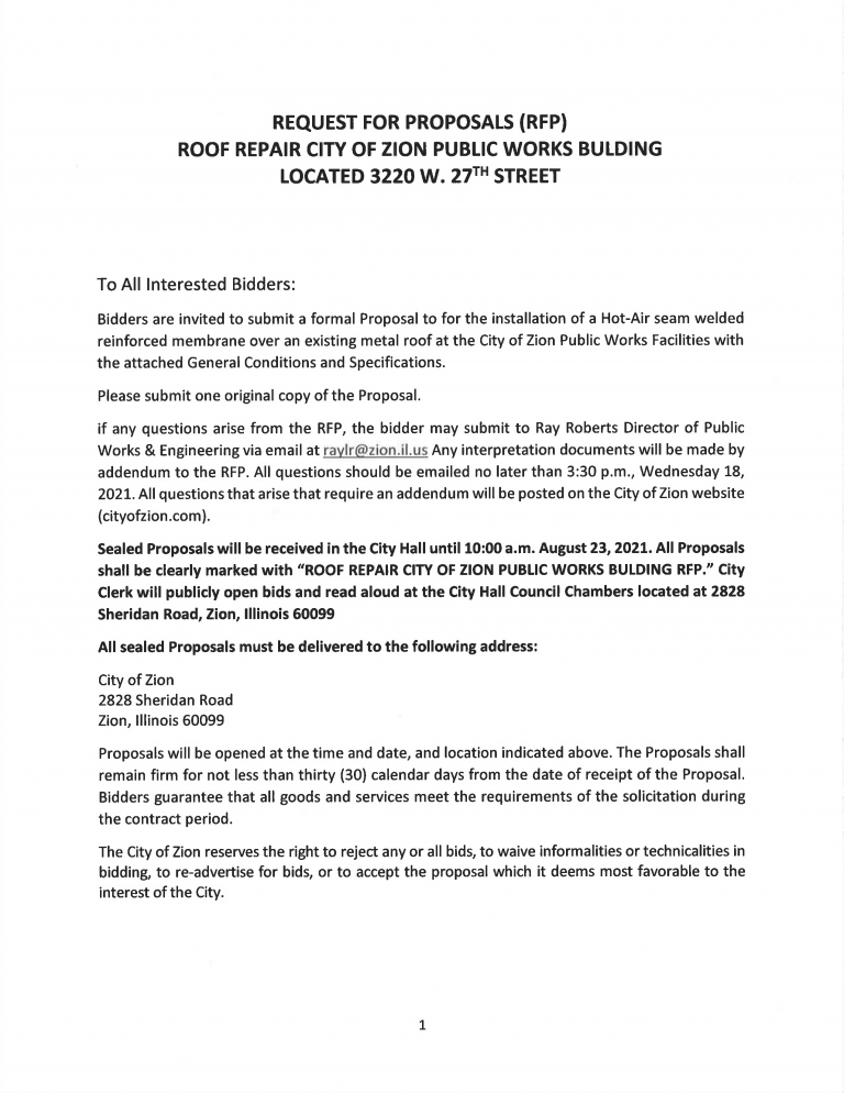 2021 RFP Roof Repair Public Works Building City Of Zion   PWD Roof RFP 768x994 